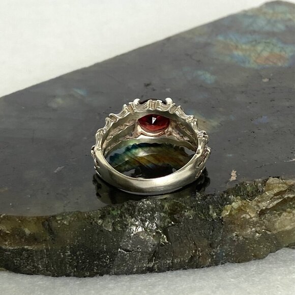 VTG Sterling Silver 925 Round Garnet Bamboo Style Triple Band Ring Sz 7.25 - Picture 7 of 16